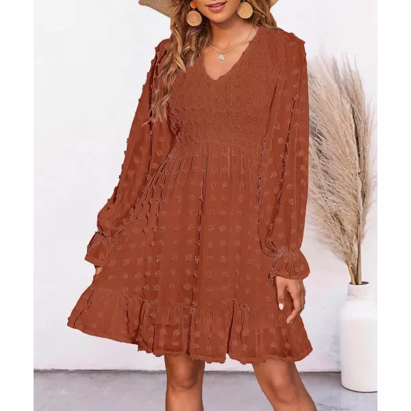 BTFBM Women V Neck Smocked Short Dress Long Sleeve Flowy Casual Swiss Dot Ruffle Chiffon Mini Summer Fall Dresses 2024Solid Red Brown