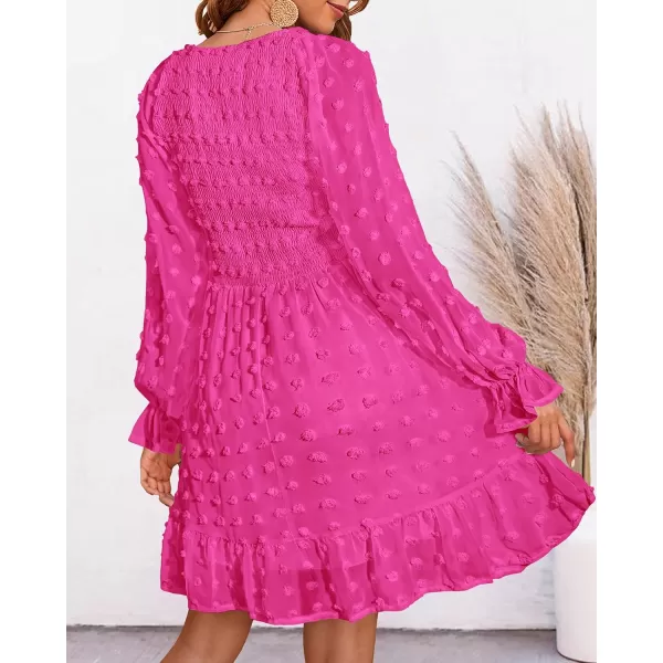 BTFBM Women V Neck Smocked Short Dress Long Sleeve Flowy Casual Swiss Dot Ruffle Chiffon Mini Summer Fall Dresses 2024Solid Rose Red
