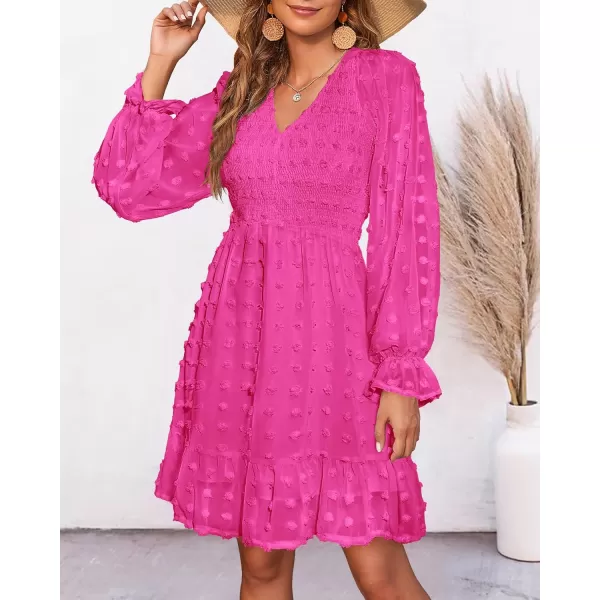 BTFBM Women V Neck Smocked Short Dress Long Sleeve Flowy Casual Swiss Dot Ruffle Chiffon Mini Summer Fall Dresses 2024Solid Rose Red