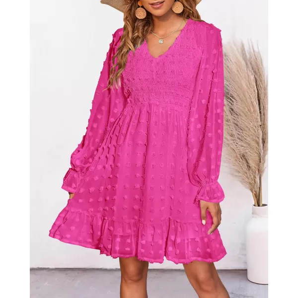 BTFBM Women V Neck Smocked Short Dress Long Sleeve Flowy Casual Swiss Dot Ruffle Chiffon Mini Summer Fall Dresses 2024Solid Rose Red