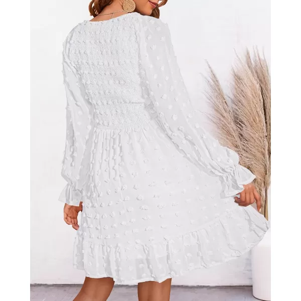BTFBM Women V Neck Smocked Short Dress Long Sleeve Flowy Casual Swiss Dot Ruffle Chiffon Mini Summer Fall Dresses 2024Solid White