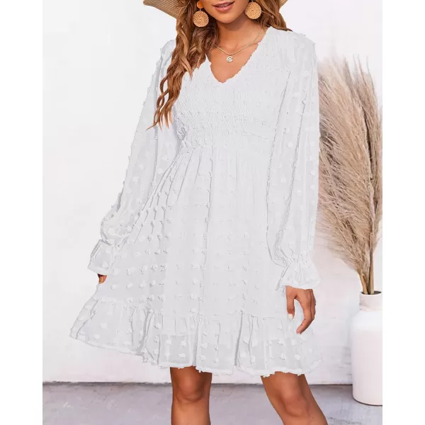BTFBM Women V Neck Smocked Short Dress Long Sleeve Flowy Casual Swiss Dot Ruffle Chiffon Mini Summer Fall Dresses 2024Solid White
