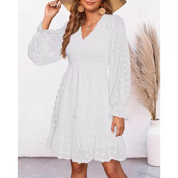 BTFBM Women V Neck Smocked Short Dress Long Sleeve Flowy Casual Swiss Dot Ruffle Chiffon Mini Summer Fall Dresses 2024Solid White