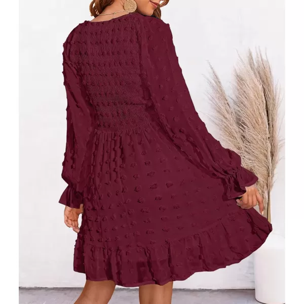 BTFBM Women V Neck Smocked Short Dress Long Sleeve Flowy Casual Swiss Dot Ruffle Chiffon Mini Summer Fall Dresses 2024Solid Wine Red