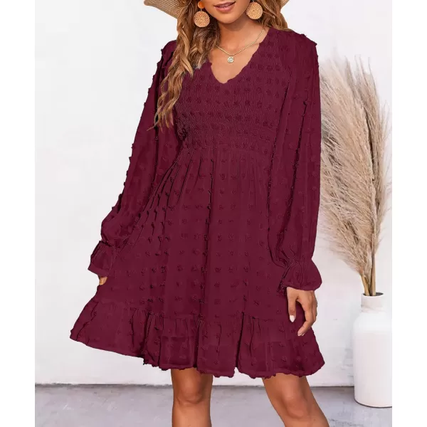BTFBM Women V Neck Smocked Short Dress Long Sleeve Flowy Casual Swiss Dot Ruffle Chiffon Mini Summer Fall Dresses 2024Solid Wine Red