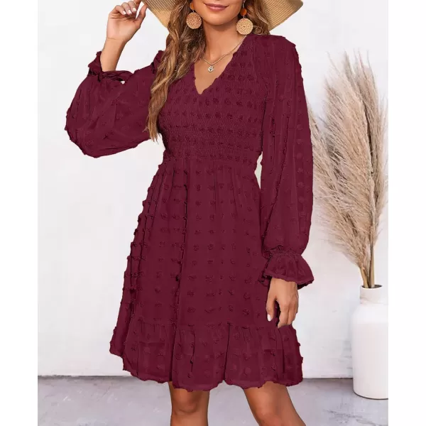 BTFBM Women V Neck Smocked Short Dress Long Sleeve Flowy Casual Swiss Dot Ruffle Chiffon Mini Summer Fall Dresses 2024Solid Wine Red