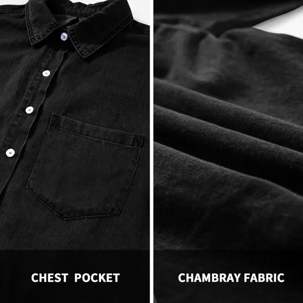 BTFBM Womens Button Down Denim Shirts Fall Lapel V Neck Lightweight Oversized Long Sleeve Thin Casual Blouse Tops PocketSolid Black