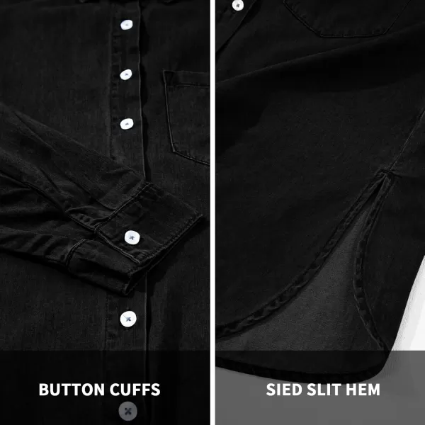 BTFBM Womens Button Down Denim Shirts Fall Lapel V Neck Lightweight Oversized Long Sleeve Thin Casual Blouse Tops PocketSolid Black