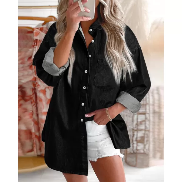 BTFBM Womens Button Down Denim Shirts Fall Lapel V Neck Lightweight Oversized Long Sleeve Thin Casual Blouse Tops PocketSolid Black