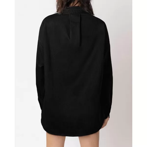 BTFBM Womens Button Down Denim Shirts Fall Lapel V Neck Lightweight Oversized Long Sleeve Thin Casual Blouse Tops PocketSolid Black