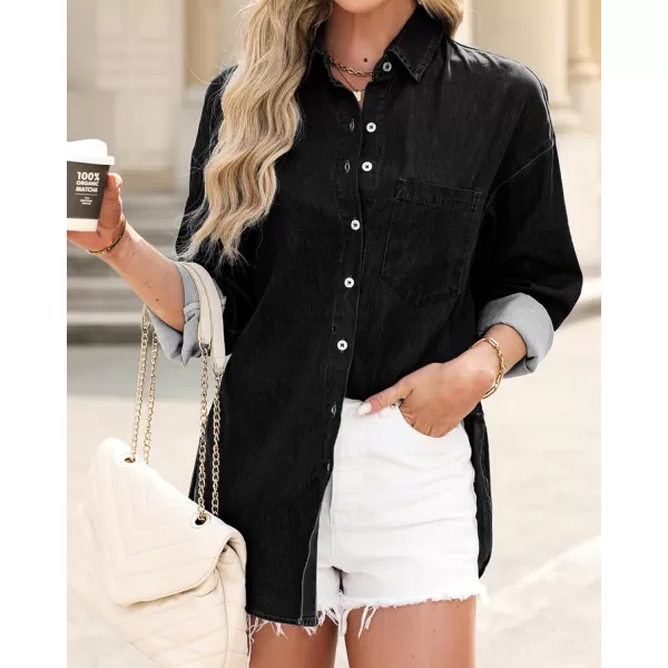 BTFBM Womens Button Down Denim Shirts Fall Lapel V Neck Lightweight Oversized Long Sleeve Thin Casual Blouse Tops PocketSolid Black