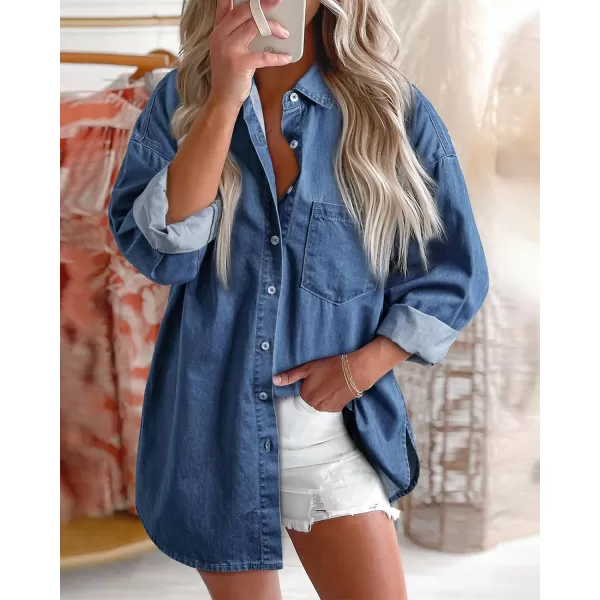 BTFBM Womens Button Down Denim Shirts Fall Lapel V Neck Lightweight Oversized Long Sleeve Thin Casual Blouse Tops PocketSolid Blue