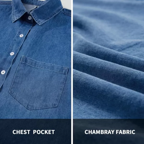 BTFBM Womens Button Down Denim Shirts Fall Lapel V Neck Lightweight Oversized Long Sleeve Thin Casual Blouse Tops PocketSolid Blue