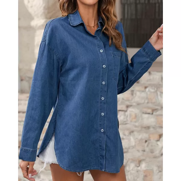BTFBM Womens Button Down Denim Shirts Fall Lapel V Neck Lightweight Oversized Long Sleeve Thin Casual Blouse Tops PocketSolid Blue