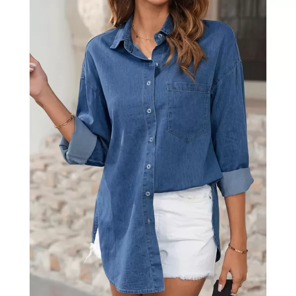 BTFBM Womens Button Down Denim Shirts Fall Lapel V Neck Lightweight Oversized Long Sleeve Thin Casual Blouse Tops PocketSolid Blue
