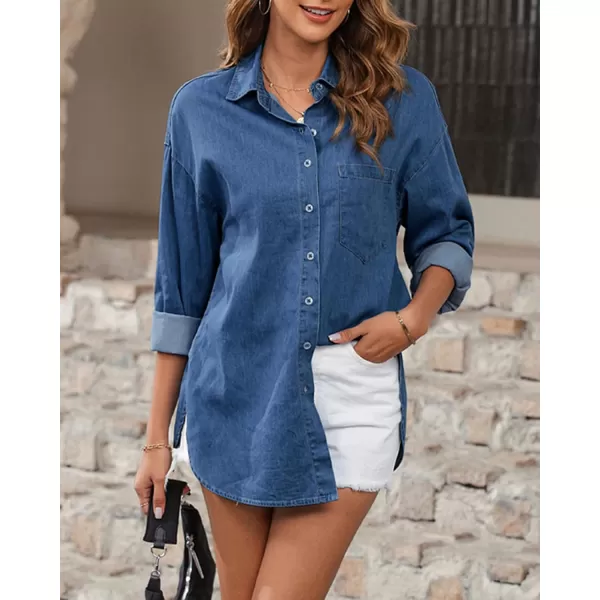 BTFBM Womens Button Down Denim Shirts Fall Lapel V Neck Lightweight Oversized Long Sleeve Thin Casual Blouse Tops PocketSolid Blue