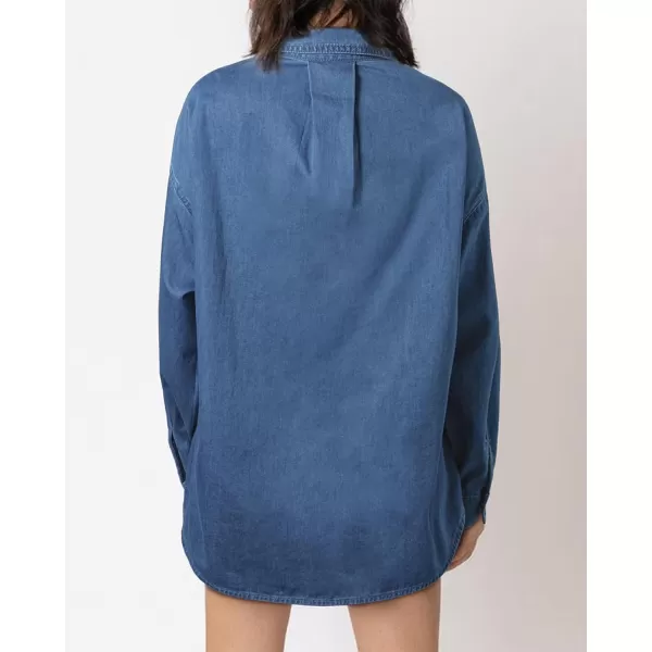 BTFBM Womens Button Down Denim Shirts Fall Lapel V Neck Lightweight Oversized Long Sleeve Thin Casual Blouse Tops PocketSolid Blue