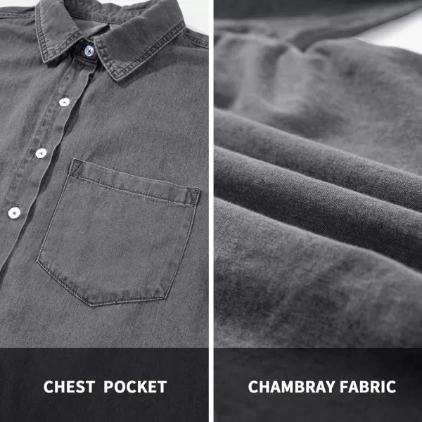 BTFBM Womens Button Down Denim Shirts Fall Lapel V Neck Lightweight Oversized Long Sleeve Thin Casual Blouse Tops PocketSolid Grey