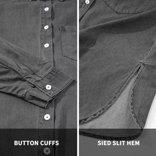 BTFBM Womens Button Down Denim Shirts Fall Lapel V Neck Lightweight Oversized Long Sleeve Thin Casual Blouse Tops PocketSolid Grey