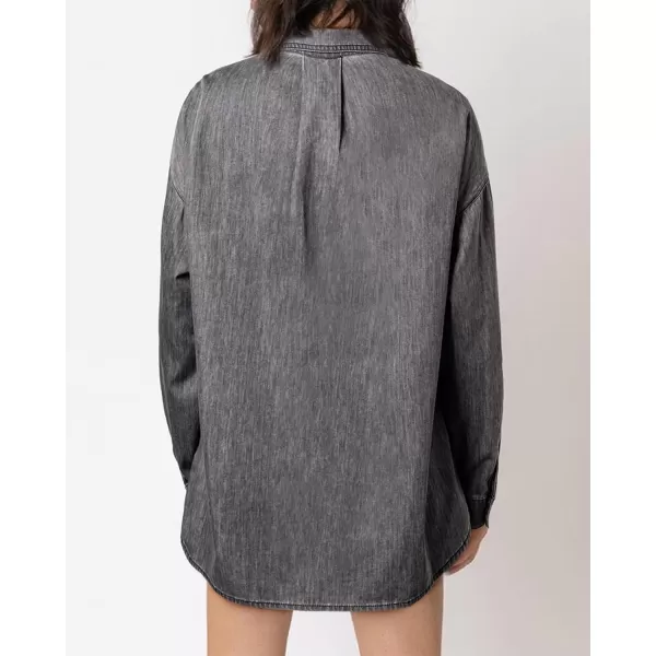 BTFBM Womens Button Down Denim Shirts Fall Lapel V Neck Lightweight Oversized Long Sleeve Thin Casual Blouse Tops PocketSolid Grey