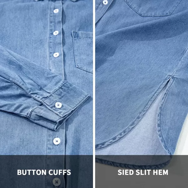 BTFBM Womens Button Down Denim Shirts Fall Lapel V Neck Lightweight Oversized Long Sleeve Thin Casual Blouse Tops PocketSolid Light Blue