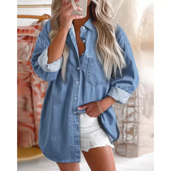 BTFBM Womens Button Down Denim Shirts Fall Lapel V Neck Lightweight Oversized Long Sleeve Thin Casual Blouse Tops PocketSolid Light Blue