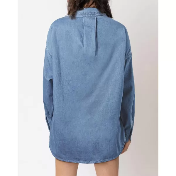 BTFBM Womens Button Down Denim Shirts Fall Lapel V Neck Lightweight Oversized Long Sleeve Thin Casual Blouse Tops PocketSolid Light Blue