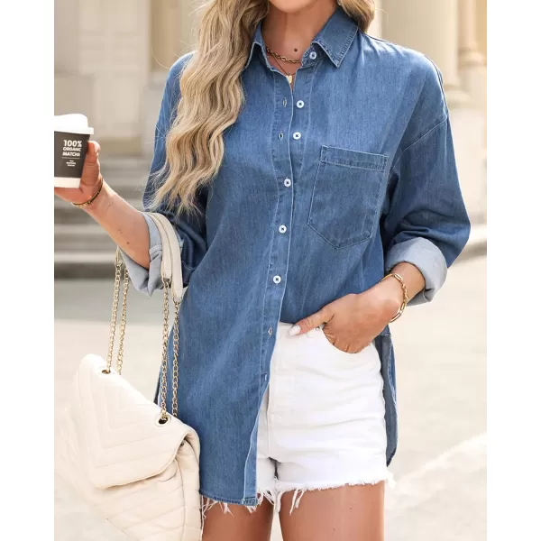 BTFBM Womens Button Down Denim Shirts Fall Lapel V Neck Lightweight Oversized Long Sleeve Thin Casual Blouse Tops PocketSolid Light Blue