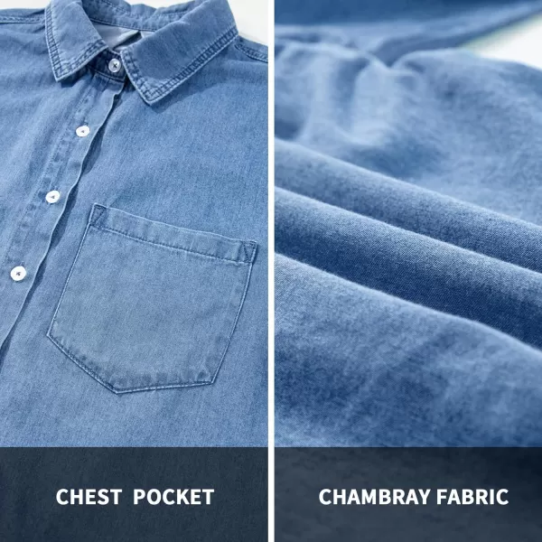 BTFBM Womens Button Down Denim Shirts Fall Lapel V Neck Lightweight Oversized Long Sleeve Thin Casual Blouse Tops PocketSolid Light Blue