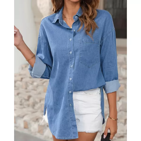 BTFBM Womens Button Down Denim Shirts Fall Lapel V Neck Lightweight Oversized Long Sleeve Thin Casual Blouse Tops PocketSolid Light Blue