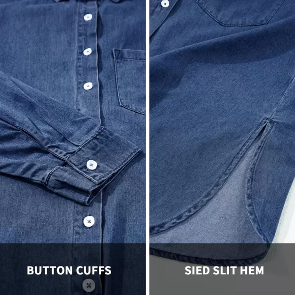 BTFBM Womens Button Down Denim Shirts Fall Lapel V Neck Lightweight Oversized Long Sleeve Thin Casual Blouse Tops PocketSolid Navy