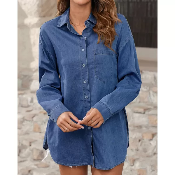 BTFBM Womens Button Down Denim Shirts Fall Lapel V Neck Lightweight Oversized Long Sleeve Thin Casual Blouse Tops PocketSolid Navy