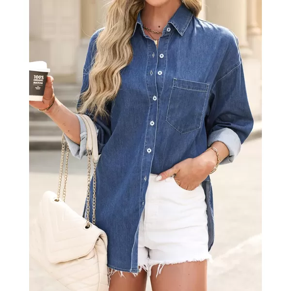 BTFBM Womens Button Down Denim Shirts Fall Lapel V Neck Lightweight Oversized Long Sleeve Thin Casual Blouse Tops PocketSolid Navy