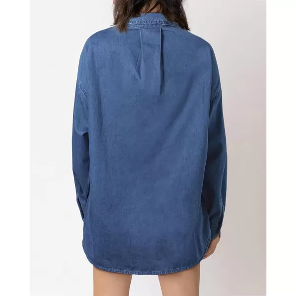 BTFBM Womens Button Down Denim Shirts Fall Lapel V Neck Lightweight Oversized Long Sleeve Thin Casual Blouse Tops PocketSolid Navy