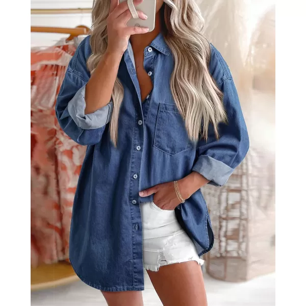 BTFBM Womens Button Down Denim Shirts Fall Lapel V Neck Lightweight Oversized Long Sleeve Thin Casual Blouse Tops PocketSolid Navy