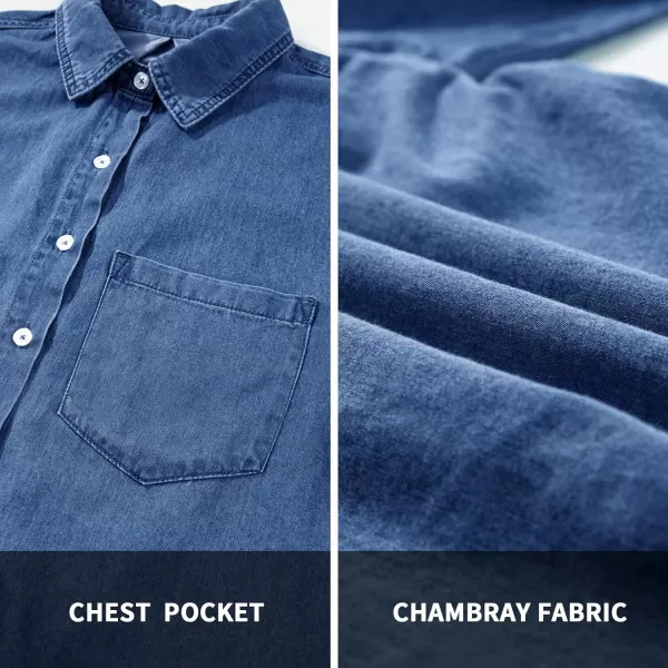 BTFBM Womens Button Down Denim Shirts Fall Lapel V Neck Lightweight Oversized Long Sleeve Thin Casual Blouse Tops PocketSolid Navy