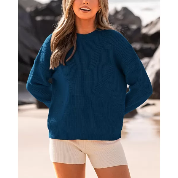 BTFBM Womens Casual Long Sleeve Pullover Sweaters Crew Neck Oversized Ribbed Knit 2024 Fall Winter Sweater Jumper TopsSolid Denim Blue