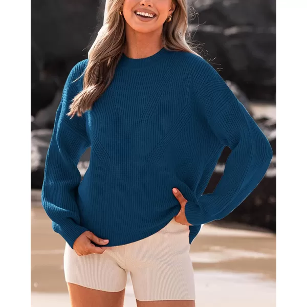 BTFBM Womens Casual Long Sleeve Pullover Sweaters Crew Neck Oversized Ribbed Knit 2024 Fall Winter Sweater Jumper TopsSolid Denim Blue