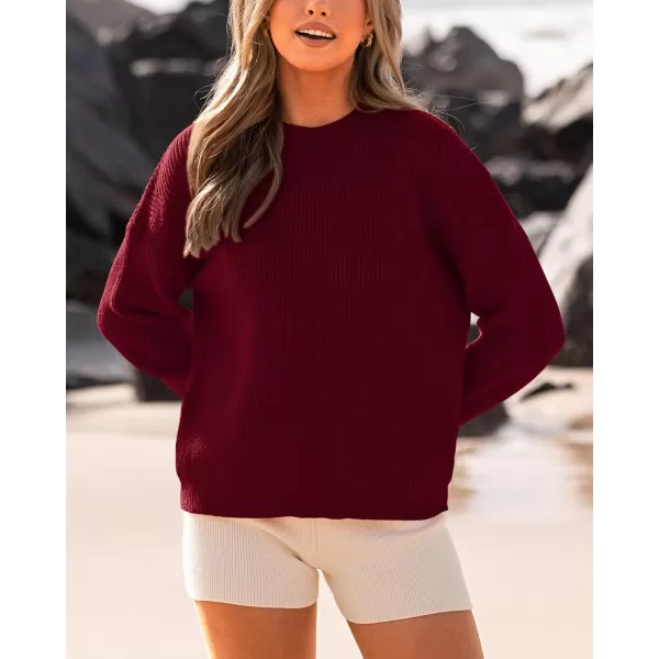 BTFBM Womens Casual Long Sleeve Pullover Sweaters Crew Neck Oversized Ribbed Knit 2024 Fall Winter Sweater Jumper TopsSolid Wine Red