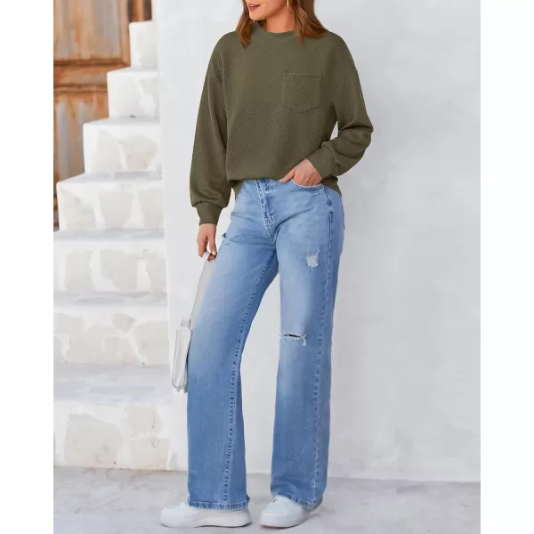 BTFBM Womens Casual Textured Sweatshirts 2024 Fall Winter Long Sleeve Drop Shoulder Crew Neck Pullover Tops with PocketArmy Green