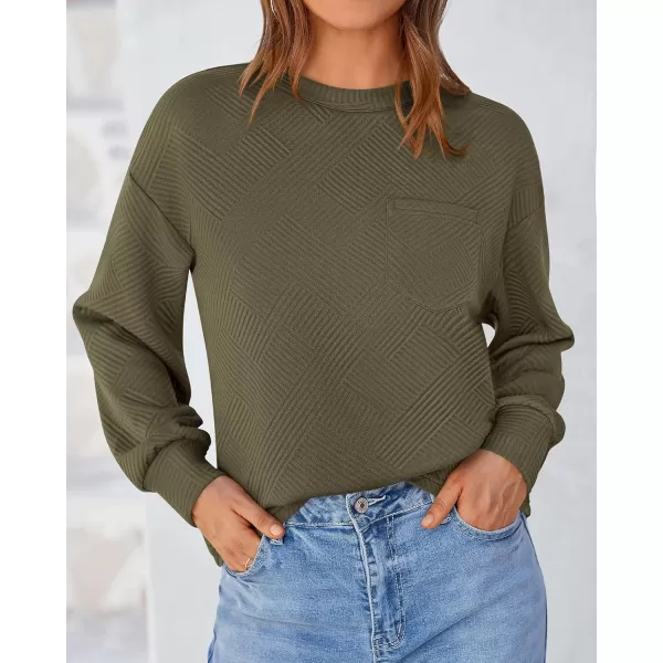 BTFBM Womens Casual Textured Sweatshirts 2024 Fall Winter Long Sleeve Drop Shoulder Crew Neck Pullover Tops with PocketArmy Green