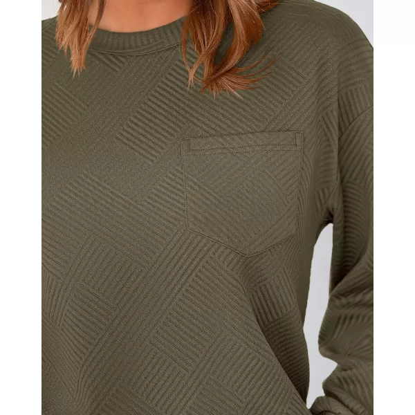 BTFBM Womens Casual Textured Sweatshirts 2024 Fall Winter Long Sleeve Drop Shoulder Crew Neck Pullover Tops with PocketArmy Green