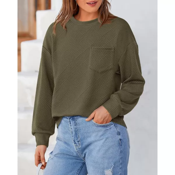 BTFBM Womens Casual Textured Sweatshirts 2024 Fall Winter Long Sleeve Drop Shoulder Crew Neck Pullover Tops with PocketArmy Green