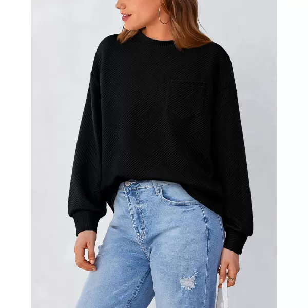 BTFBM Womens Casual Textured Sweatshirts 2024 Fall Winter Long Sleeve Drop Shoulder Crew Neck Pullover Tops with PocketBlack
