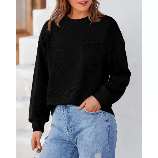 BTFBM Womens Casual Textured Sweatshirts 2024 Fall Winter Long Sleeve Drop Shoulder Crew Neck Pullover Tops with PocketBlack