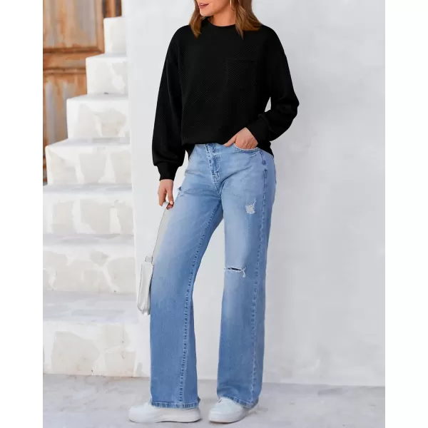 BTFBM Womens Casual Textured Sweatshirts 2024 Fall Winter Long Sleeve Drop Shoulder Crew Neck Pullover Tops with PocketBlack