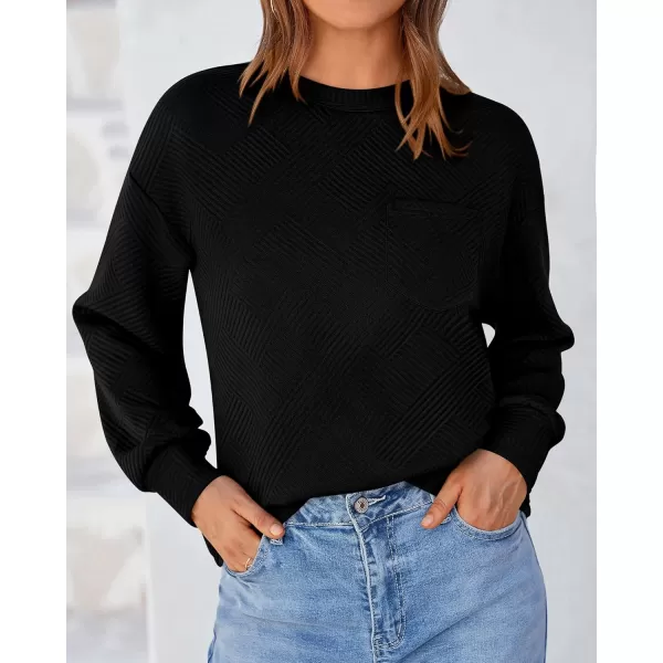 BTFBM Womens Casual Textured Sweatshirts 2024 Fall Winter Long Sleeve Drop Shoulder Crew Neck Pullover Tops with PocketBlack