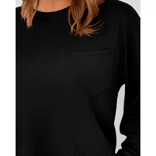 BTFBM Womens Casual Textured Sweatshirts 2024 Fall Winter Long Sleeve Drop Shoulder Crew Neck Pullover Tops with PocketBlack