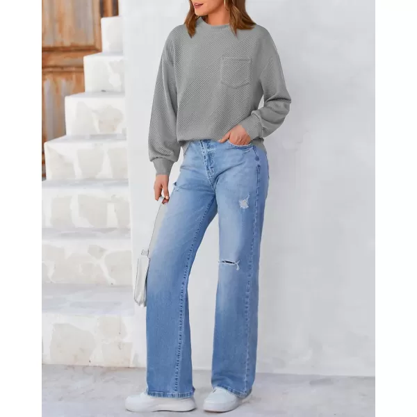 BTFBM Womens Casual Textured Sweatshirts 2024 Fall Winter Long Sleeve Drop Shoulder Crew Neck Pullover Tops with PocketGrey