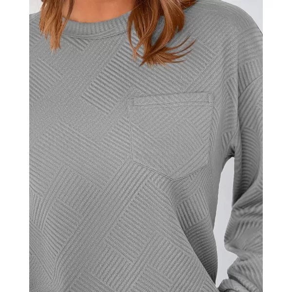 BTFBM Womens Casual Textured Sweatshirts 2024 Fall Winter Long Sleeve Drop Shoulder Crew Neck Pullover Tops with PocketGrey